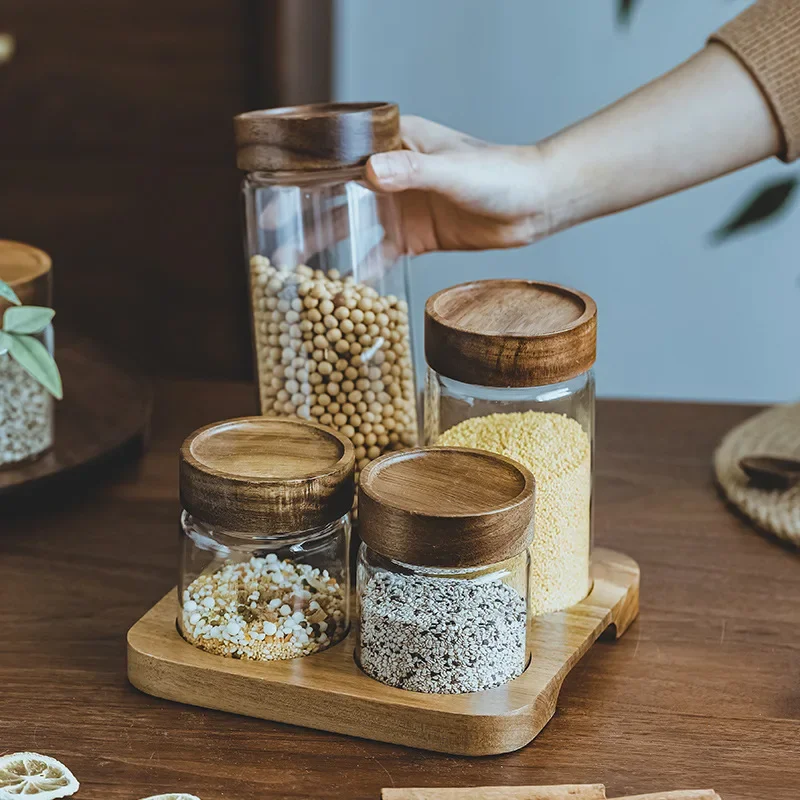 Food Storage Jar Set - Деревянная крышка Orgnizer герметичные стеклянные банки